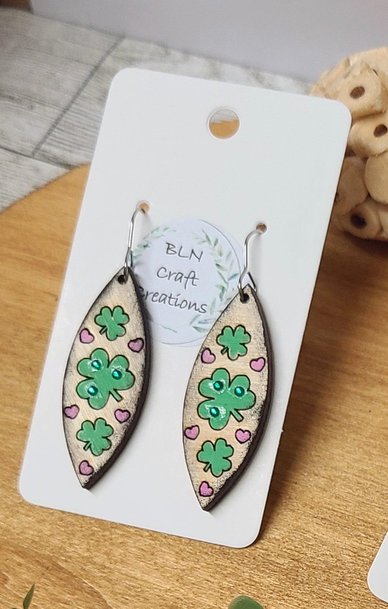 Clover with hearts wood earrings