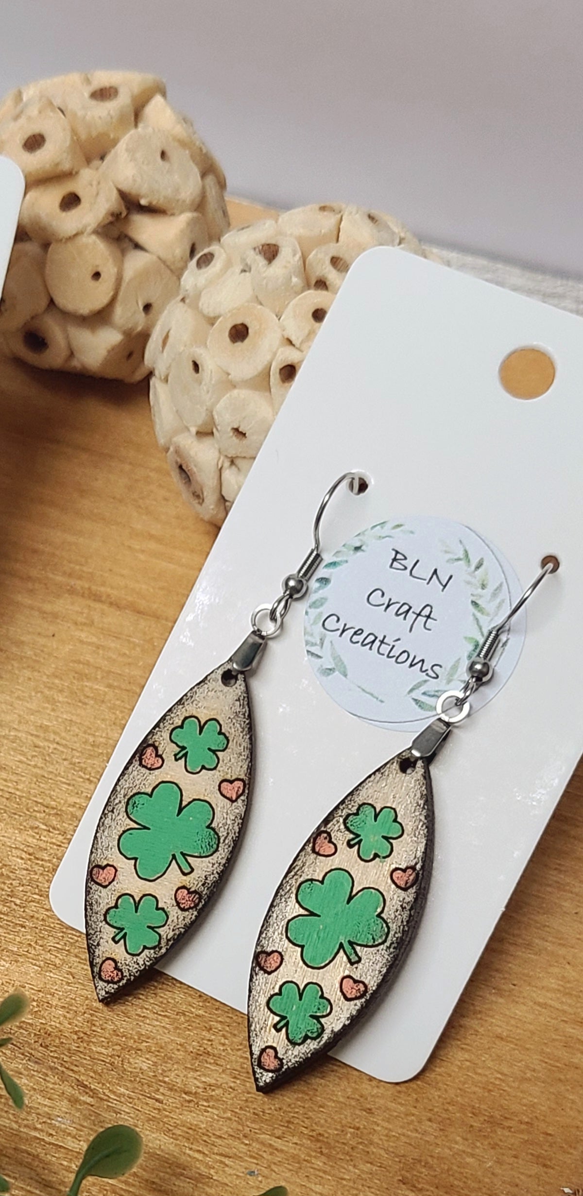 Clover with hearts wood earrings