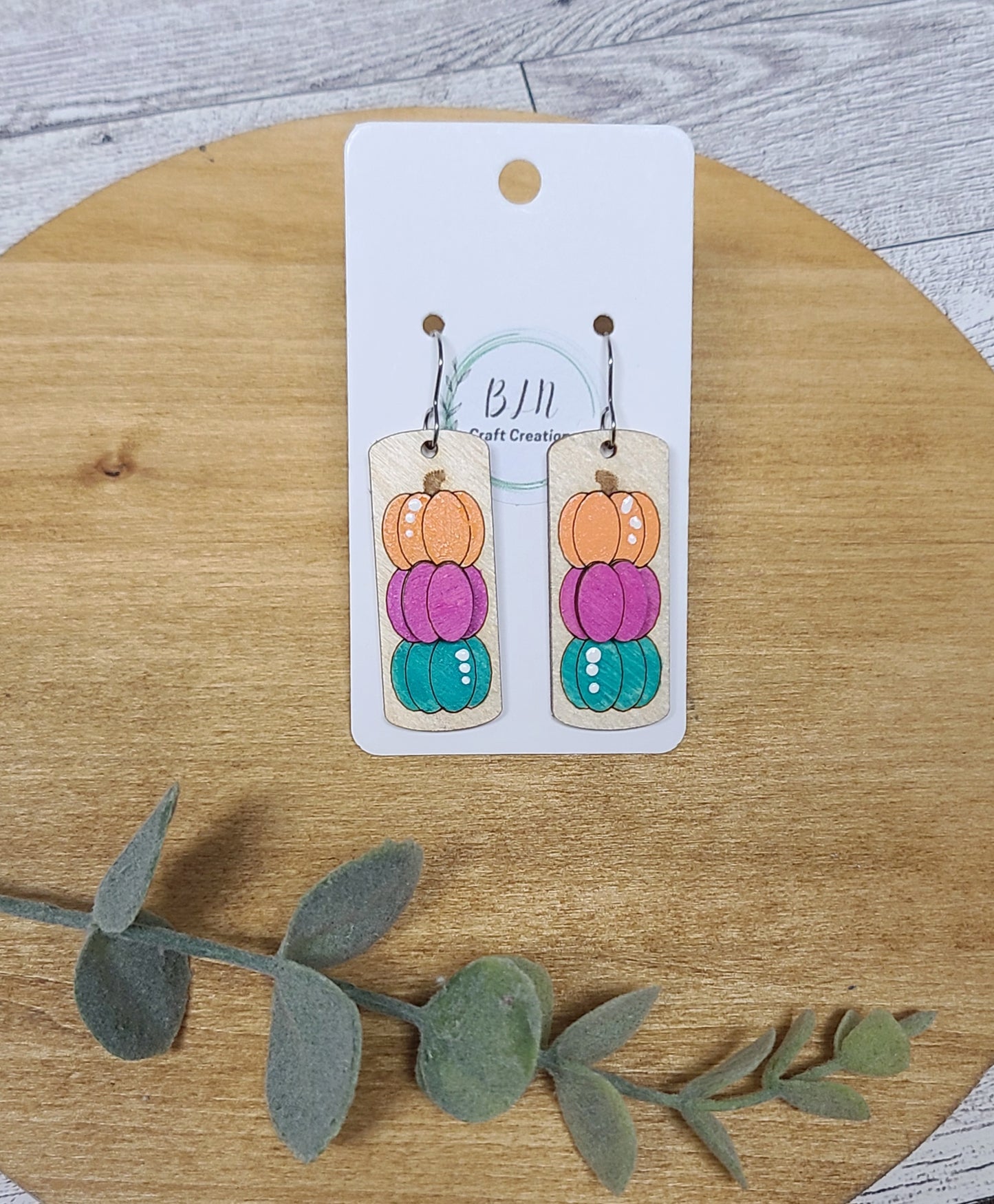 Wood stacked pumpkin earrings